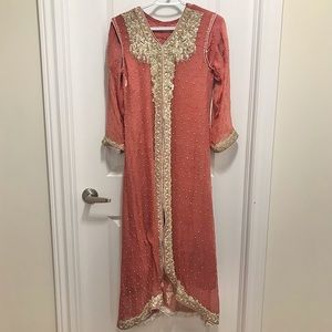 Formal Pakistani 3 Piece Maxi Dress/Kameez/Churridar Pajama Pinkish Orange/Gold